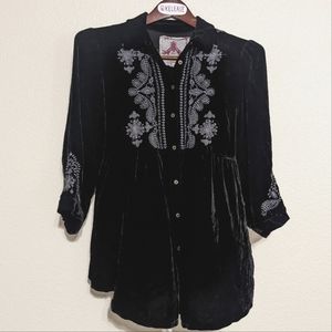 Johnny Was Black Velvet blouse with Grey embroidery
